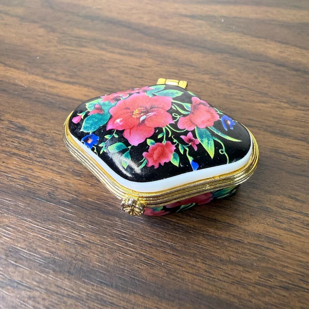 Vintage Floral Hinge Trinket/ Pill Box with Gold Trim Victorian Style